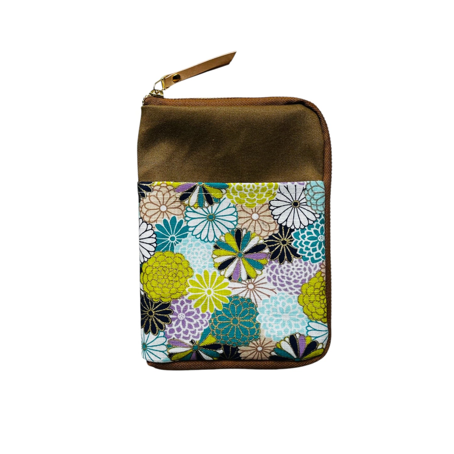 Floral patterned pouch with brown border on a white background
