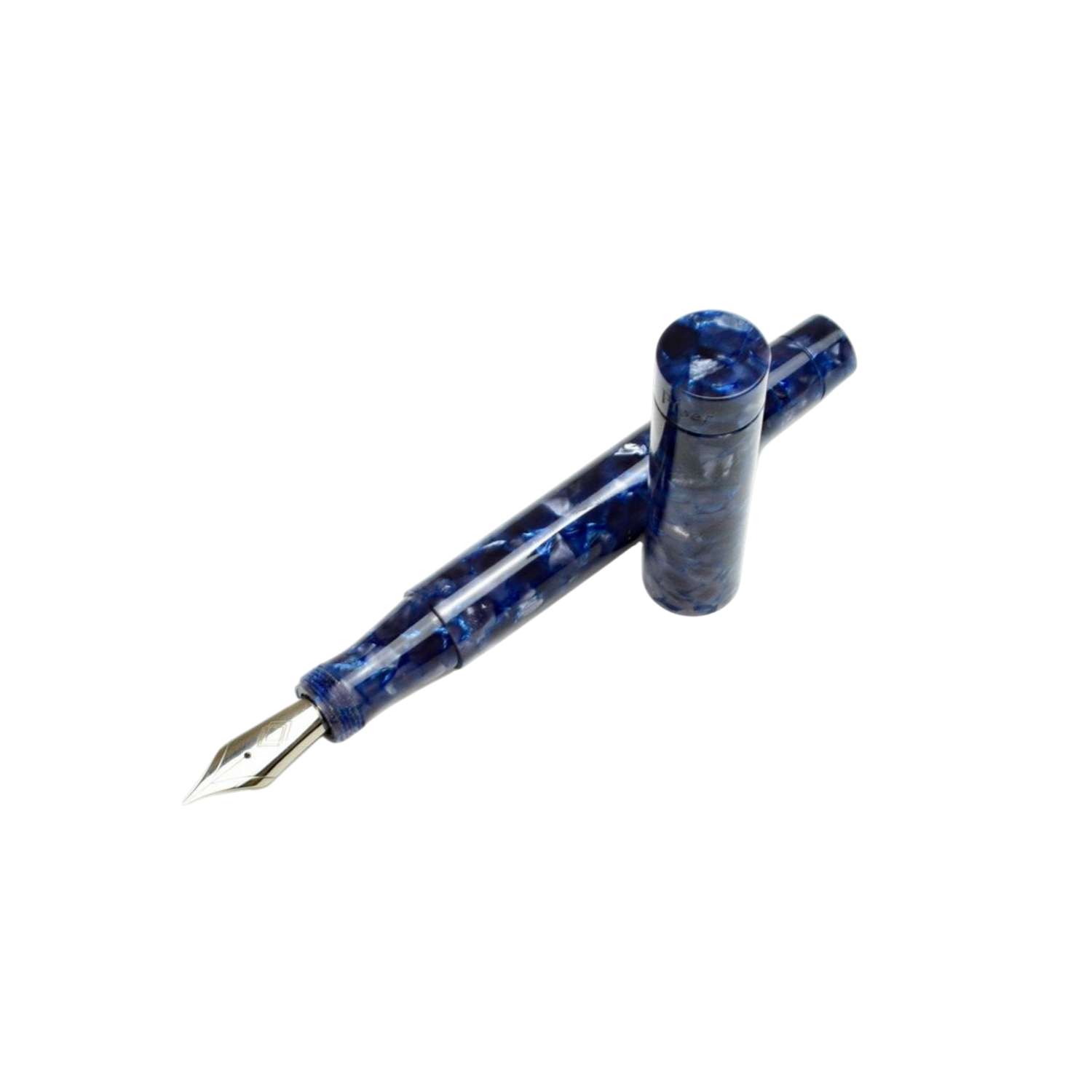 A Piper Trading Co. Second Empire Fountain Pen in periwinkle acrylic with its cap removed and placed upright beside it, revealing the metal JoWo steel nib.