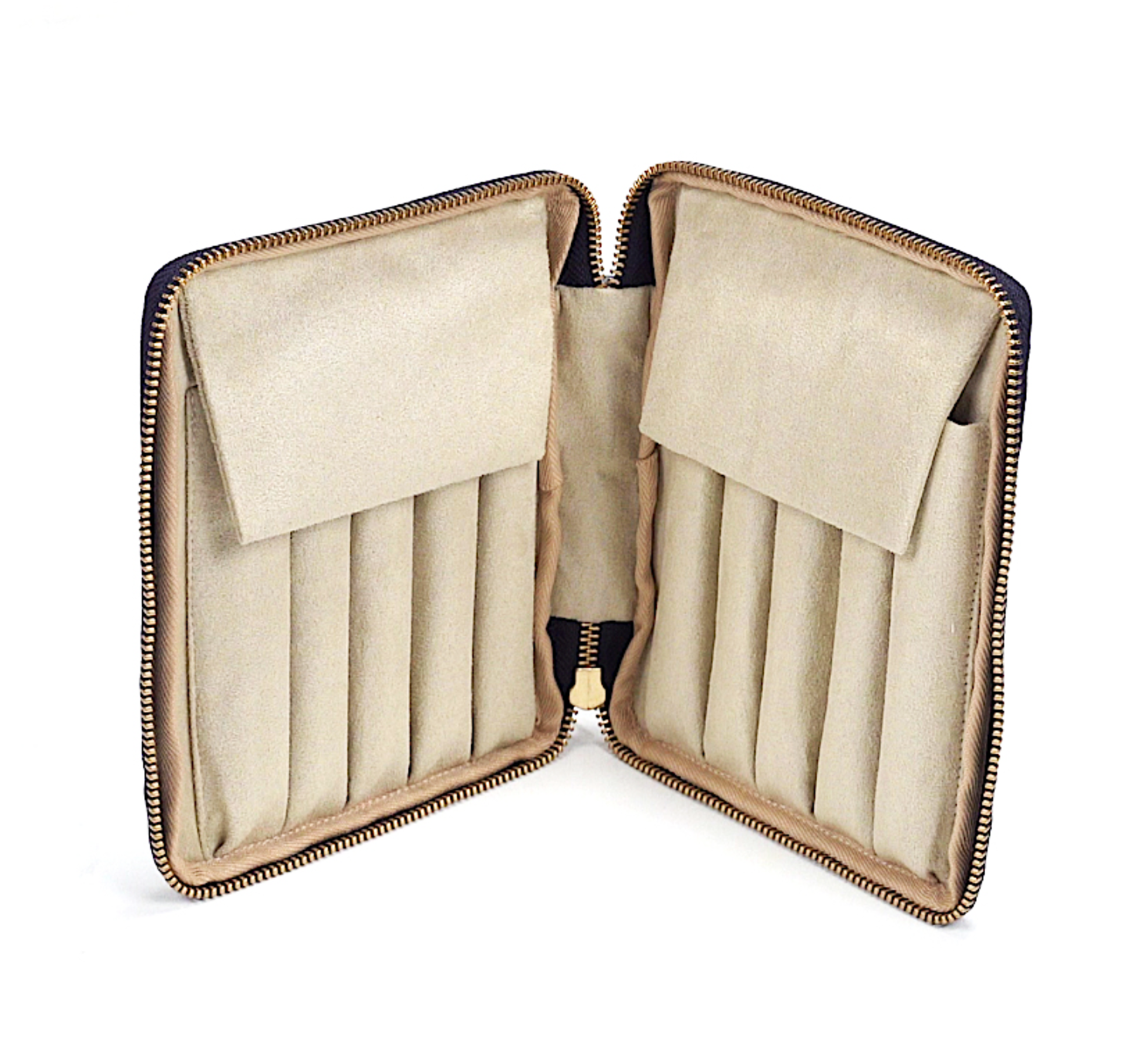 The Kyoku Haku Begonia Flowers 10 Pen Case by Piper Trading Co. is a handmade, fabric-lined beige case featuring a gold zipper. When open, it reveals cushioned slots on both sides and two flap-covered pockets—perfect for organizing up to ten fountain pens, as well as storing jewelry, watches, or other cherished valuables.