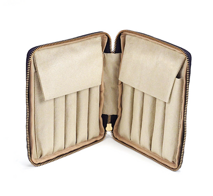 The Kyoku Haku Begonia Flowers 10 Pen Case by Piper Trading Co. is a handmade, fabric-lined beige case featuring a gold zipper. When open, it reveals cushioned slots on both sides and two flap-covered pockets—perfect for organizing up to ten fountain pens, as well as storing jewelry, watches, or other cherished valuables.