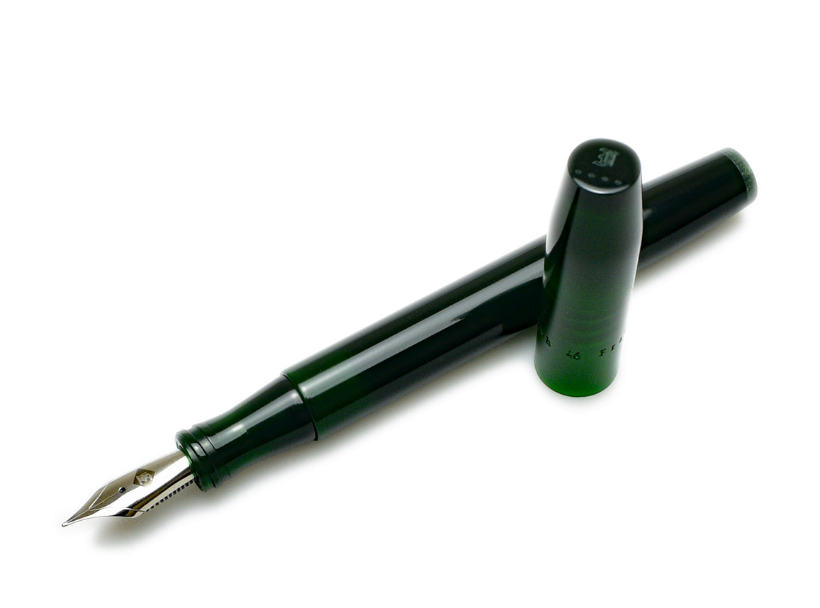 Uncapped Franklin-Christoph Model 46L Fountain Pen - Emerald DC Green showing a silver nib.