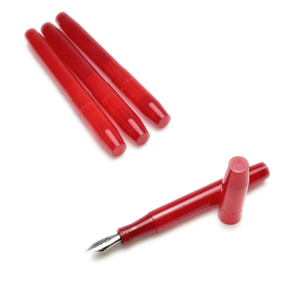 Four vibrant Venetian Red Piper Trading Co. Franklin-Christoph Model 46 fountain pens, made in the USA, are displayed—three capped and one uncapped with a visible Franklin-Christoph nib—all arranged on a white background.