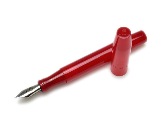 A Venetian Red Franklin-Christoph Model 46 fountain pen by Piper Trading Co., shown uncapped with the cap set beside it on a white background, featuring a Franklin-Christoph nib and crafted in the USA.