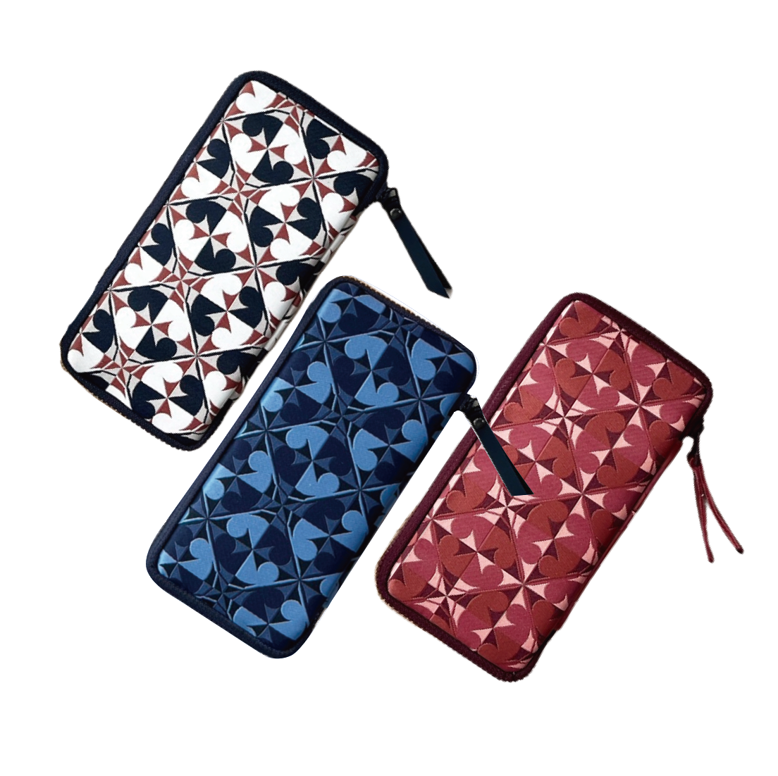 Three patterned wallets in black, blue, and red on a white background