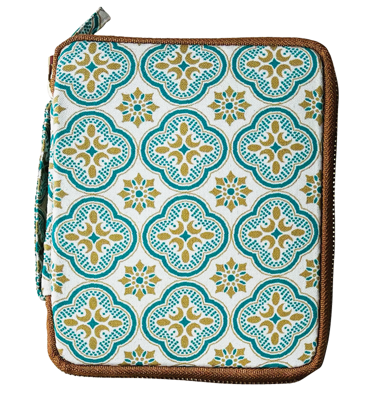 Introducing the Piper Trading Co. Kyoku Haku Begonia Flowers 10 Pen Case—a handmade pen case designed as a square fabric pouch, featuring teal, gold, and white geometric patterns with brown trim and a convenient side zipper closure. Perfect for stylishly storing up to ten pens or your favorite fountain pens.