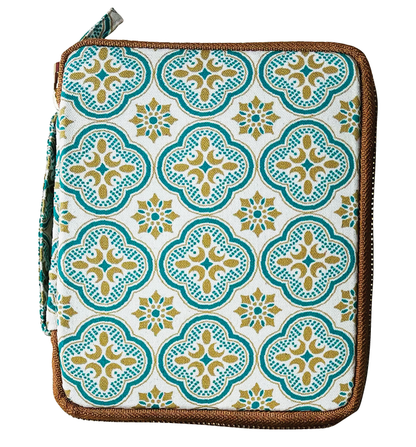 Introducing the Piper Trading Co. Kyoku Haku Begonia Flowers 10 Pen Case—a handmade pen case designed as a square fabric pouch, featuring teal, gold, and white geometric patterns with brown trim and a convenient side zipper closure. Perfect for stylishly storing up to ten pens or your favorite fountain pens.