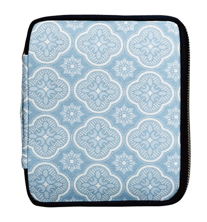 The Kyoku Haku Begonia Flowers 10 Pen Case by Piper Trading Co. is a handmade zippered fabric pouch featuring a light blue and white geometric pattern with symmetrical floral and circular motifs, beautifully photographed on a white background. Perfect for use as a fountain pen case or to hold up to ten pens, it combines style and practicality for your writing essentials.