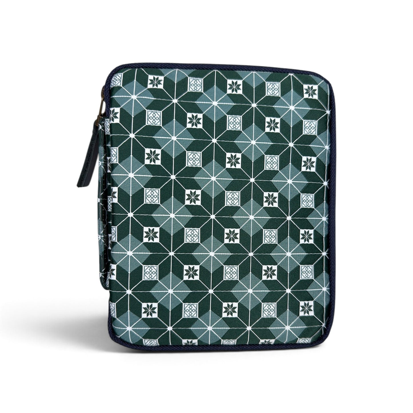 The Piper Trading Co. Kyoku Haku Restitch Emerald 10 Pen Case features a square zippered design with a striking blue and green geometric hexagonal pattern accented by small white details, standing upright against a white background—ideal for storing your pen collection or serving as a stylish fountain pen case.