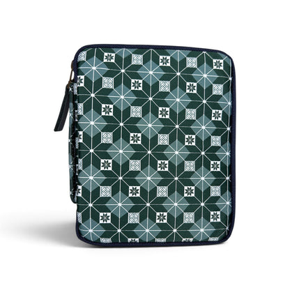 The Piper Trading Co. Kyoku Haku Restitch Emerald 10 Pen Case features a square zippered design with a striking blue and green geometric hexagonal pattern accented by small white details, standing upright against a white background—ideal for storing your pen collection or serving as a stylish fountain pen case.