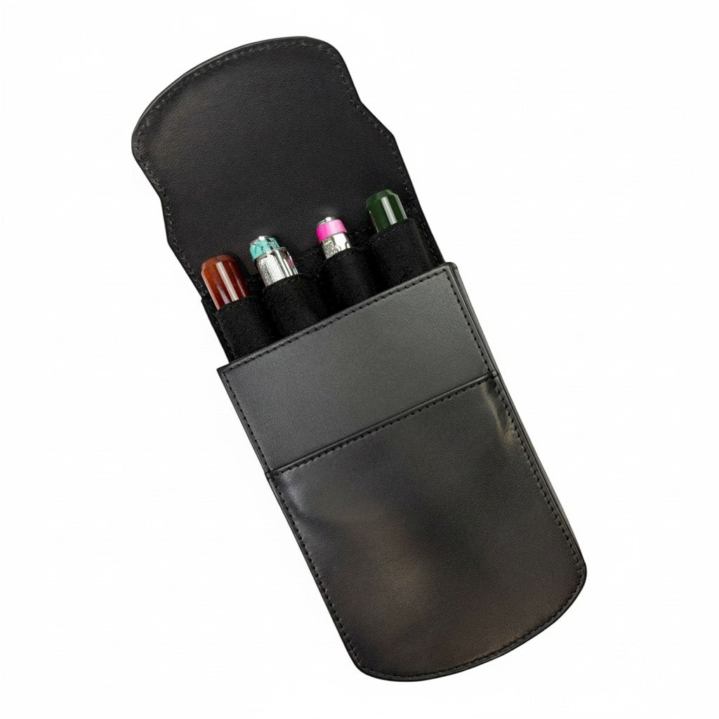 Piper Trading Co. black full-grain leather four-pen case with a fold-over flap closure and soft interior.