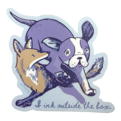 Piper Trading Co. sticker featuring a purple dog and a tan fox with the text "I ink outside the box."