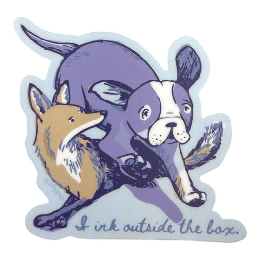 Piper Trading Co. sticker featuring a purple dog and a tan fox with the text "I ink outside the box."