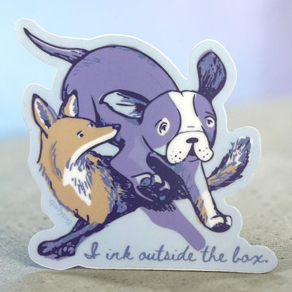 Piper Trading Co. sticker featuring a fox and a purple dog with the text "I ink outside the box."