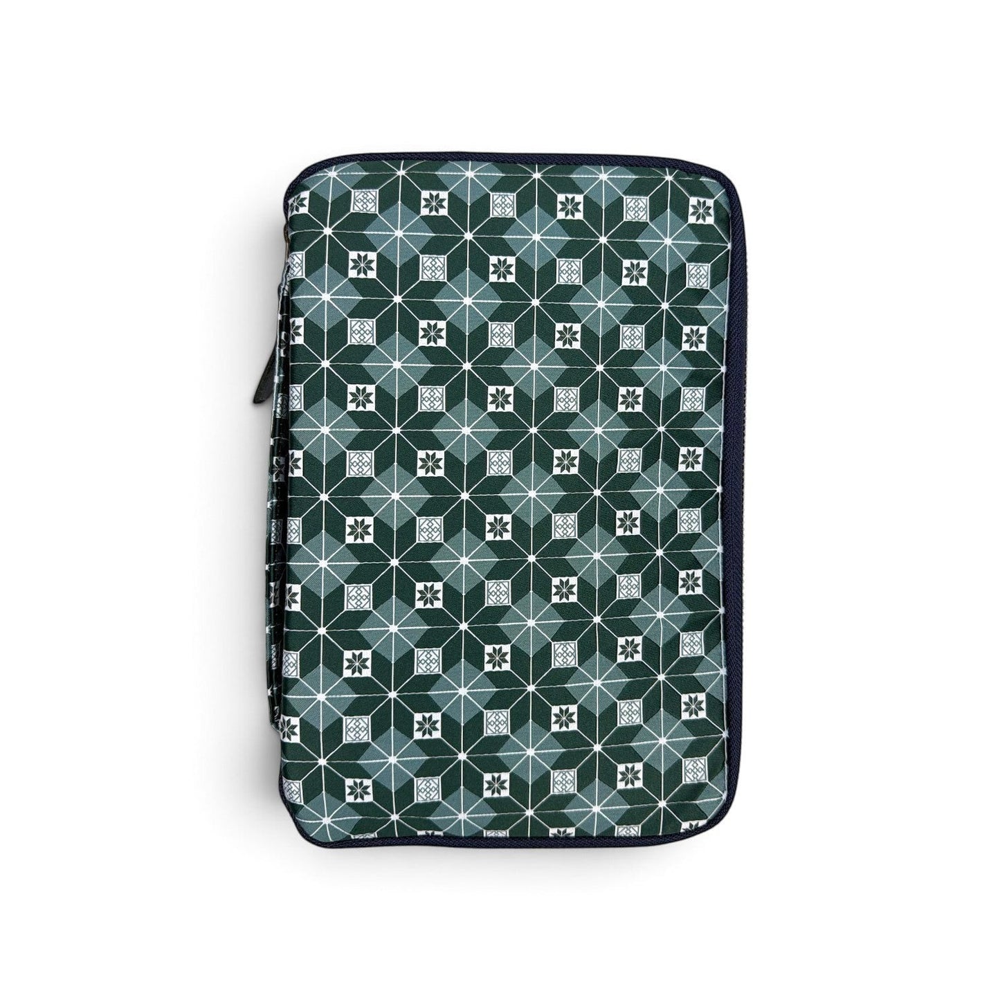 Piper Trading Co. Kyoku Haku 10 pen case featuring a dark green geometric star pattern and a side storage pocket.
