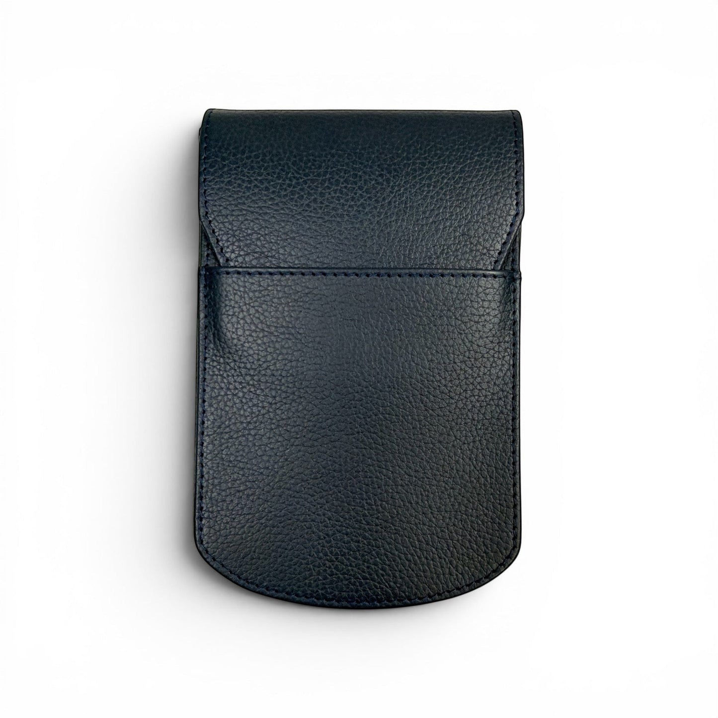 Piper Trading Co. navy blue full-grain leather four-pen case with fold-over flap closure and soft interior.