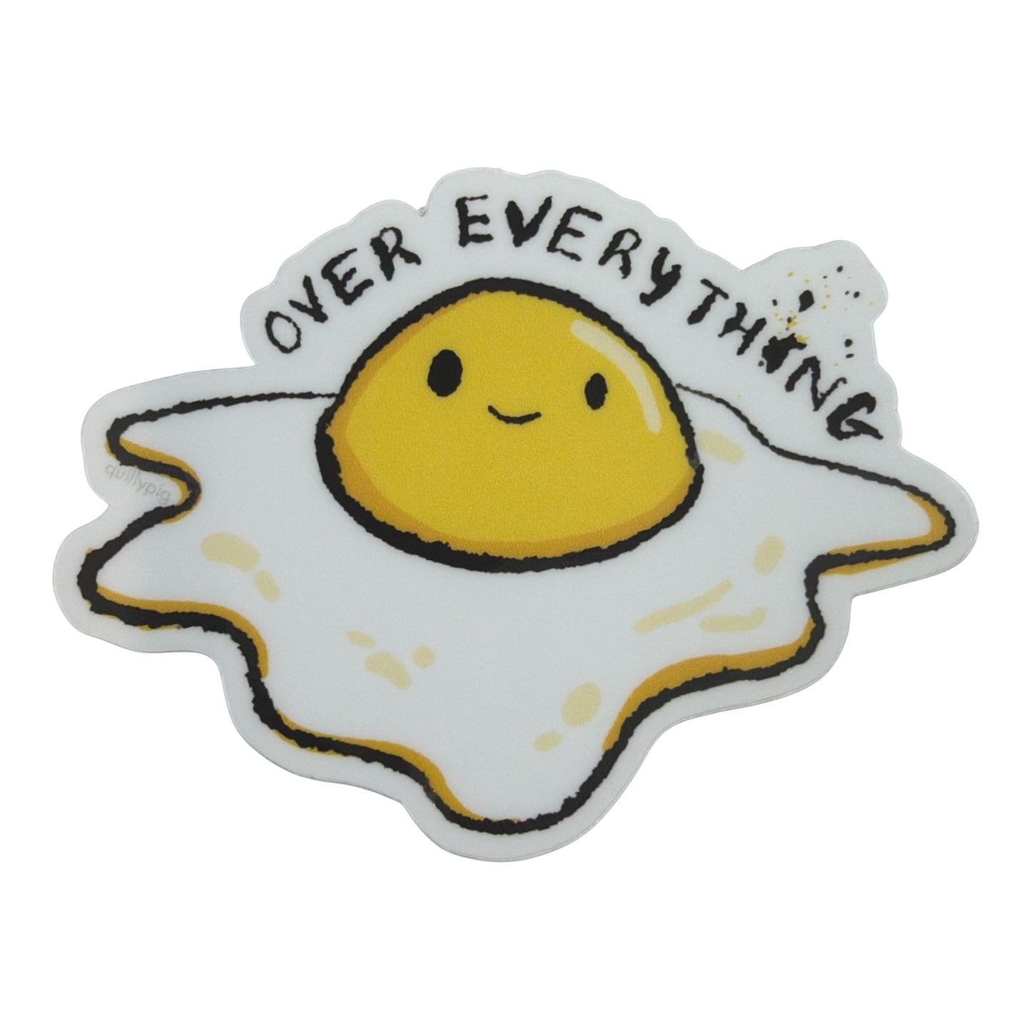 Piper Trading Co. Over Everything sticker featuring a cartoon fried egg with a smiling face and the words "Over Everything" in black text.
