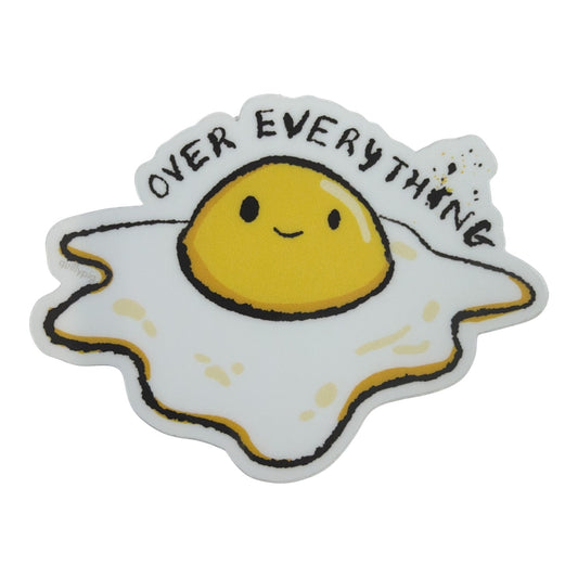 Piper Trading Co. Over Everything sticker featuring a cartoon fried egg with a smiling face and the words "Over Everything" in black text.