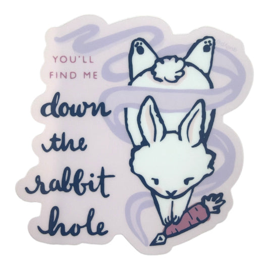 Piper Trading Co. sticker featuring a white rabbit peeking over a purple swirl, holding a carrot. Text reads 'You'll find me down the rabbit hole.'