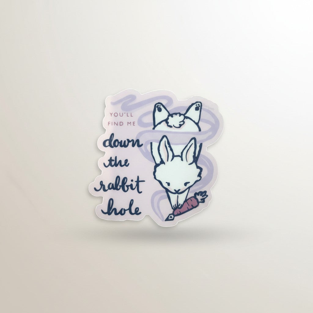 Piper Trading Co. sticker with white rabbits and text "You'll Find Me Down the Rabbit Hole" and a carrot.