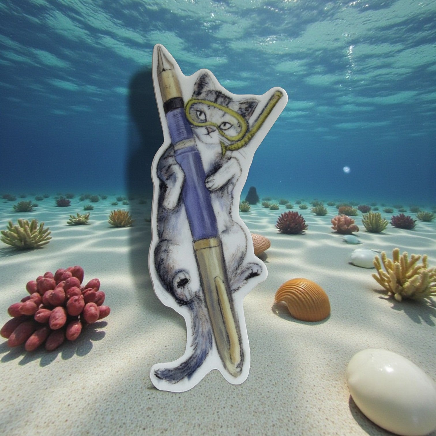 Piper Trading Co. sticker of a grey tabby cat wearing a yellow snorkel mask, holding a purple and gold fountain pen underwater.