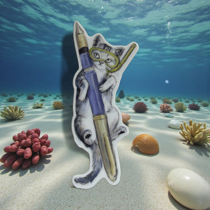 Piper Trading Co. sticker of a grey tabby cat wearing a yellow snorkel mask, holding a purple and gold fountain pen underwater.