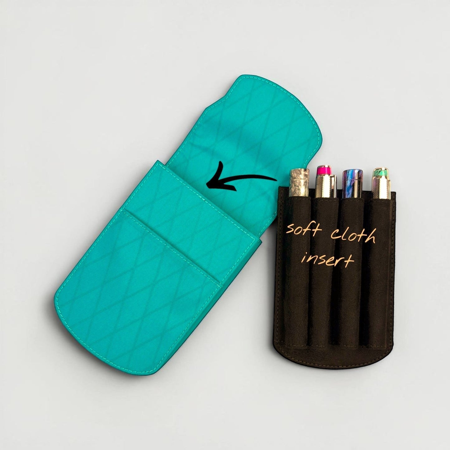 Piper Trading Co. teal X-Pac four-pen case with removable black soft cloth insert holding four pens.